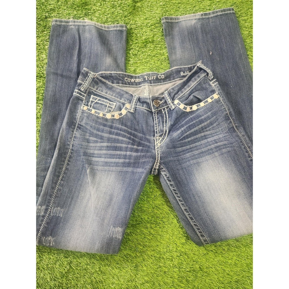 Cowgirl Tuff Co Jeans Womens 27x35 Blue Medium Wash Bootcut Pearl Studded Denim